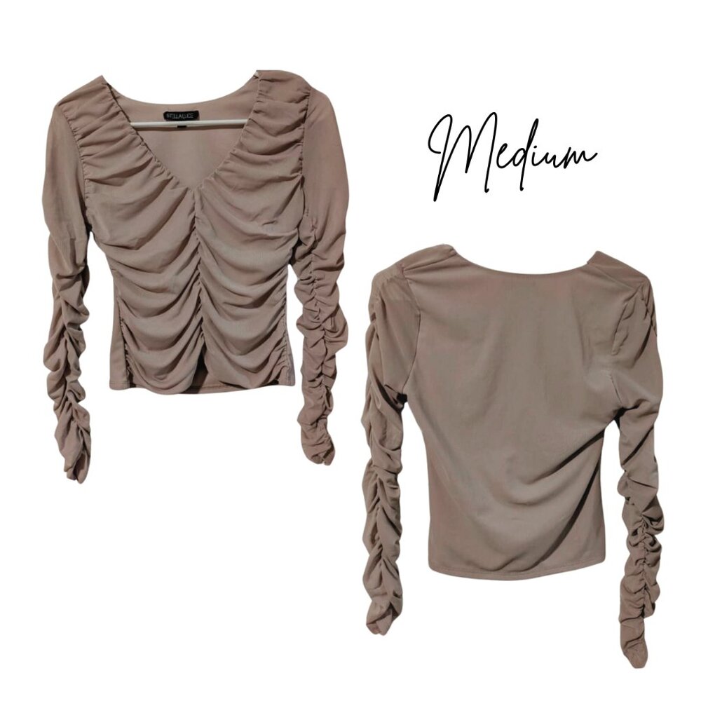 Stella Luce Ruched Long Sleeve V-Neck Top Nude (Medium)